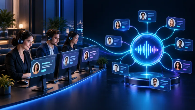 Ilustración conceptual: equipo comercial y agente de voz IA gestionando contactos.